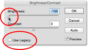 خاموش کردن Use Legacy و حداقل Brightness ( بازیابی مقادیر Brightness/Contrast در فتوشاپ )
