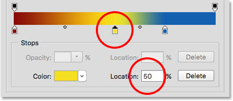 مقدار 50 درصد برای موقعیت مکانی رنگ زرد ( آموزش تغییر رنگ Gradient )