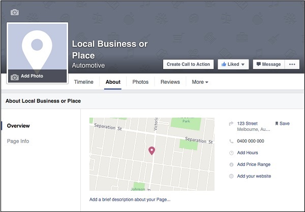 تکمیل جزئیات مربوط به کسب و کار شما در زبانه About در فیسبوک ( تعیین اطلاعات لازم در پروفایل صفحه فیسبوک تجاری )