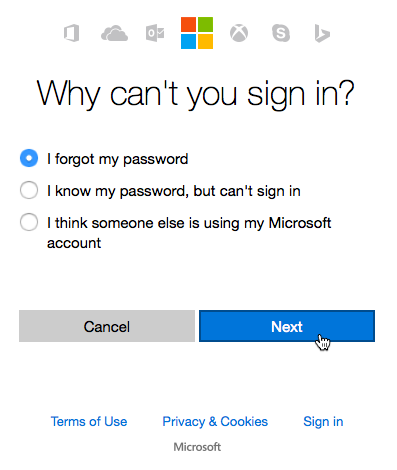 انتخاب گزینه I forgot my password ( بازیابی اطلاعات مایکروسافت اکانت )