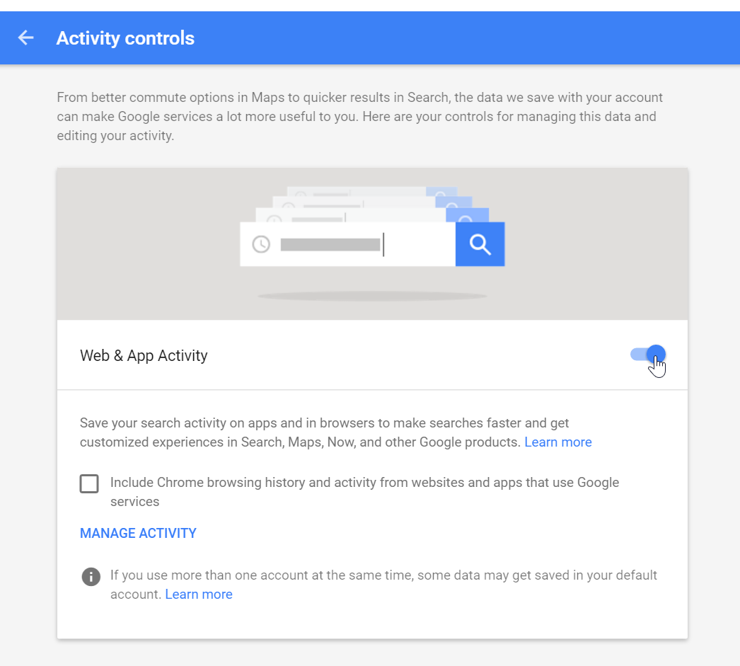 صفحه Web & App Activity ( تنظیم سوابق جستجو و داشبورد گوگل با کمک گوگل اکانت )