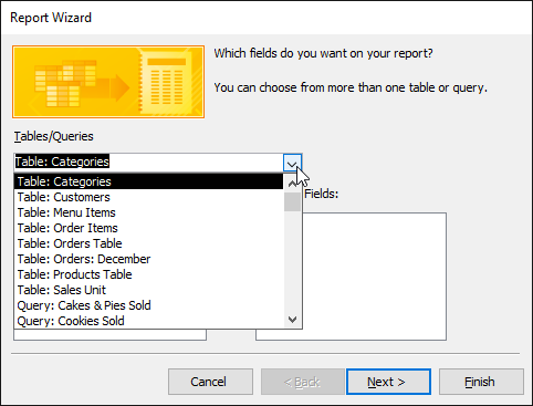 انتخاب جدول یا کوئری مورد نظر برای Report Wizard - - ساخت گزارش های پیشرفته در اکسس به کمک Report Wizard