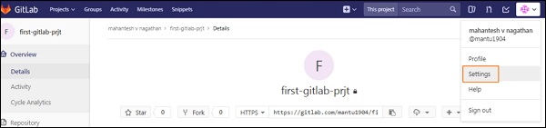 وارد شدن به Settings - تنظیم کلید SSH در گیت لب GitLab