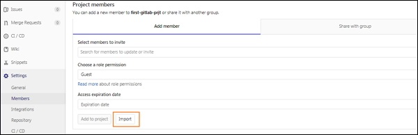انتخاب دکمه Import برای افزودن کاربر به پروژه - آموزش افزودن کاربر در گیت لب Gitlab
