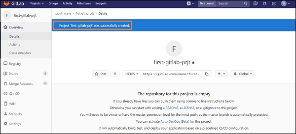 ظاهر شدن پروژه جدید - آموزش ساخت یک پروژه در گیت لب GitLab