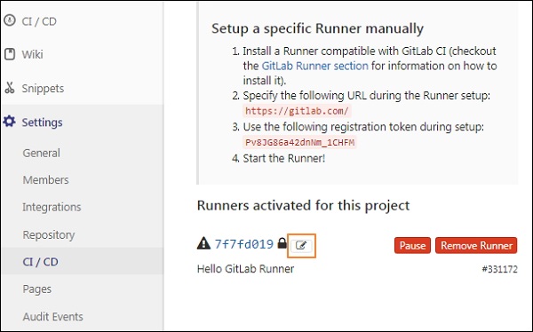انتخاب گزینه مداد - آموزش پیکربندی Runners در گیت لب GitLab