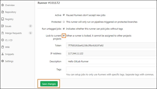 چک کردن گزینه Lock to current project - آموزش پیکربندی Runners در گیت لب GitLab