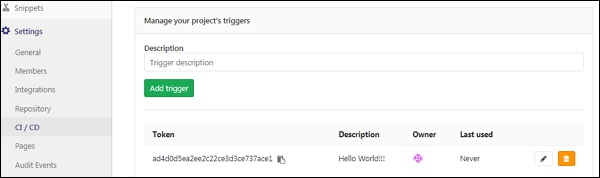 نمایش Trigger جدید به همراه توکن - خطوط Triggers در CI