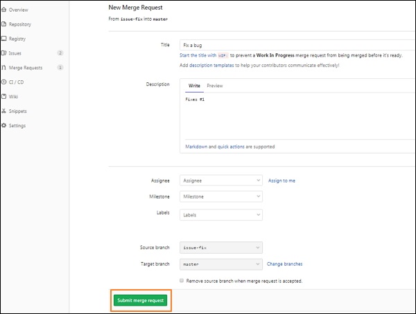 کلیک بر دکمه Submit merge request button - آموزش ادغام درخواست ها در گیت لب GitLab